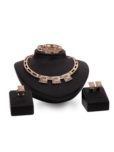 custom Alloy Imitation-gold Plated Vintage style Rhinestones Hollow Square Four Pieces Jewelry Set