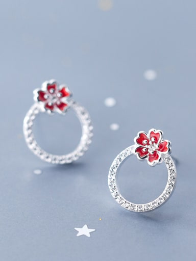 925 Sterling Silver With Silver Plated Simplistic Red Plum Blossom Stud Earrings