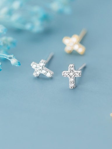 925 Sterling Silver With Platinum Plated Simplistic Cross Stud Earrings