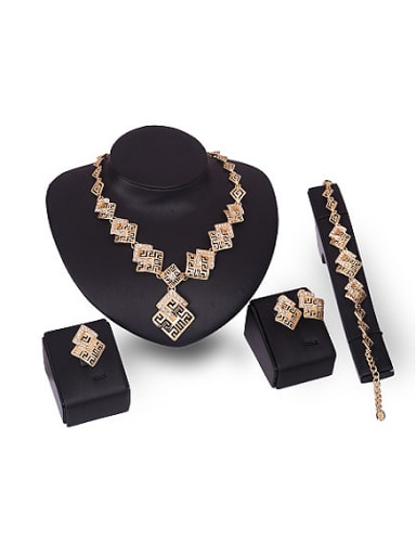 custom Alloy Imitation-gold Plated Fashion Rhinestones Hollow Square Four Pieces Jewelry Set