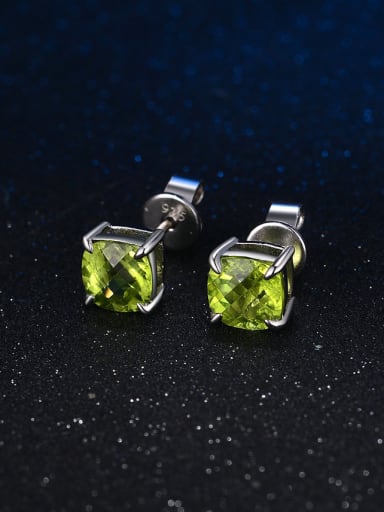 S925 Silver Square Shaped Green Natural Stones Stud Earrings