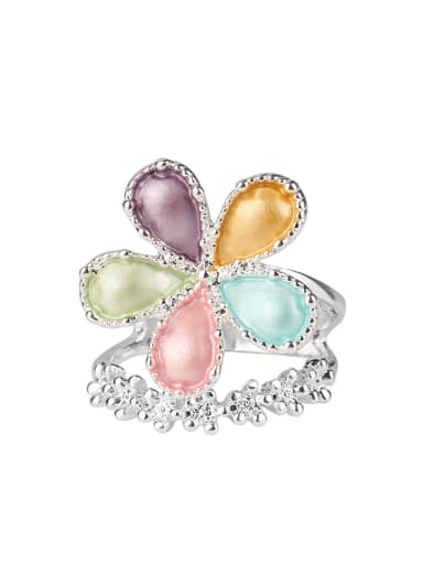 Fashion Colorful Flower Silver Plated Alloy Ring