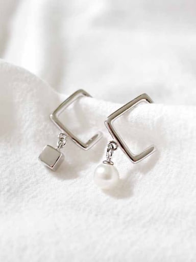 Asymmetrical Opening Square Artificial Pearl Silver Stud Earrings