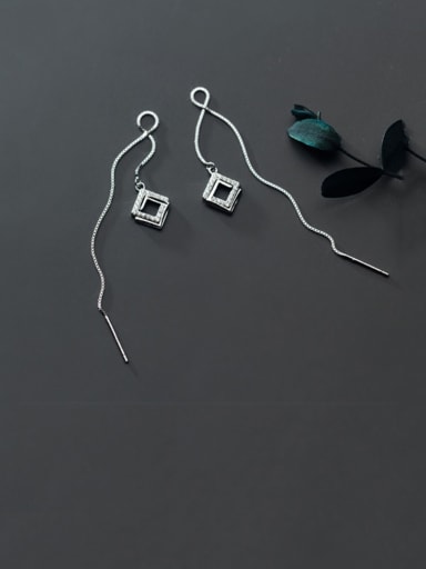 925 Sterling Silver With Platinum Plated Simplistic Geometric Threader Earrings