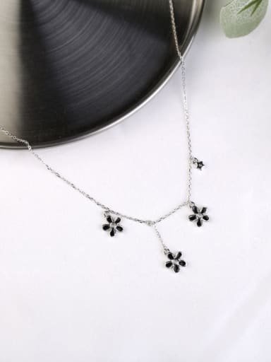 Fashion Black Flowers Silver Necklace