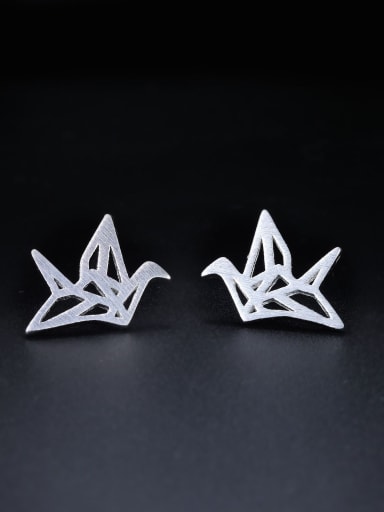 Tiny Hollow Paper Crane 925 Sterling Silver Stud Earrings