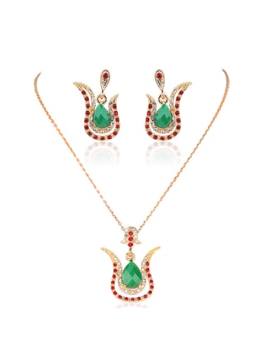 Bohemia Ethnic style Green Water Drop Resin stones Cubic Crystals Alloy Two Pieces Jewelry Set
