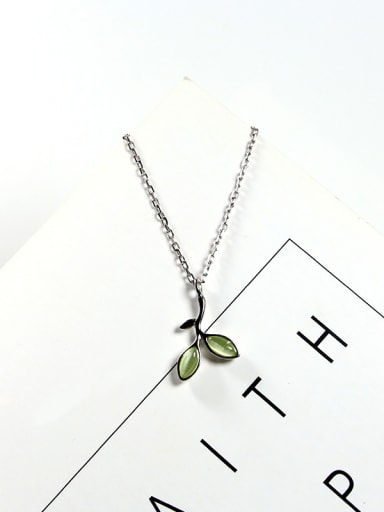 Simple Little Green Stone Leaves Pendant 925 Silver Necklace