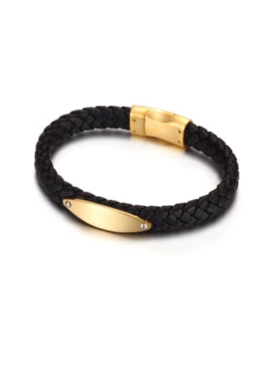 Men Gold Leather Titanium Steel Bracelet