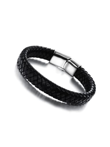 Simple Woven Artificial Leather Titanium Men Bracelet