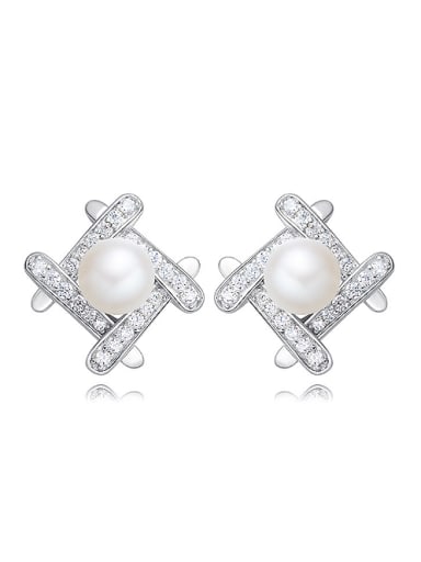 Tiny Fashion Artificial Pearl Cubic Zirconias 925 Silver Stud Earrings