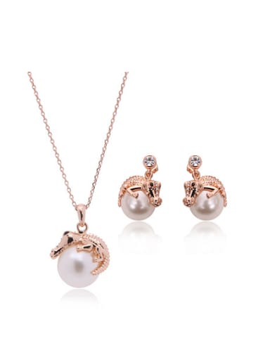 Alloy Rose Gold Plated Fashion Artificial Pearl Crocodile Two Pieces Jewelry Set