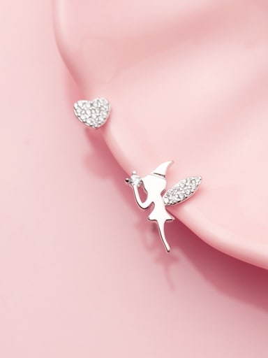925 Sterling Silver With Platinum Plated Cute Asymmetric  Angel Heart Stud Earrings