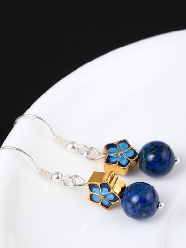 Ethnic style Blue Stone Bead Enamel Flower 925 Silver Earrings