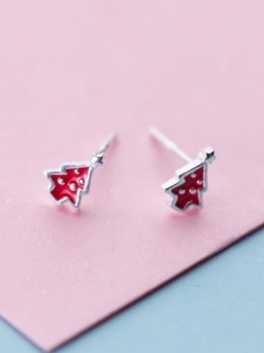 Fashionable Red Tree Shaped Enamel S925 Silver Stud Earrings