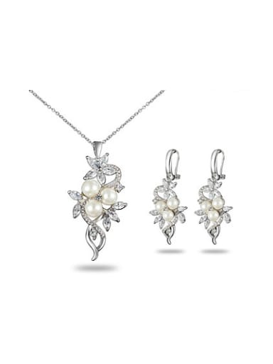 Exquisite 18K White Gold Plated Artificial Pearl Two Pieces Jewelry Set
