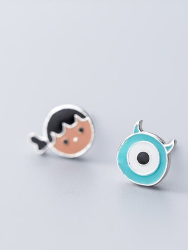 925 Sterling Silver With White Gold Plated Cute Asymmetrical Monster Doll Stud Earrings