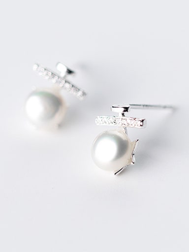 Temperament Geometric Shaped Artificial Pearl S925 Silver Stud Earrings