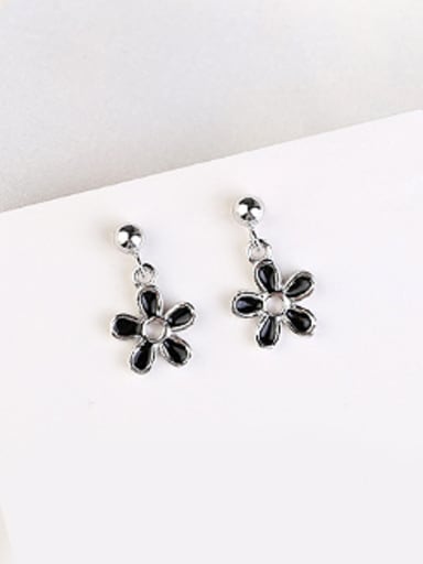 Simple Black Flower Silver Earrings