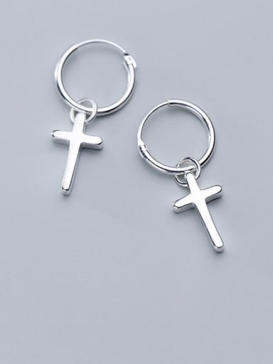 925 Sterling Silver With Platinum Plated Simplistic  Smooth  Cross Clip On Earrings