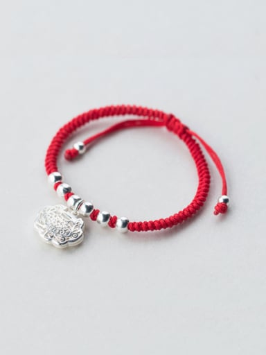 Sterling silver Chinese style long life lock red thread bracelet