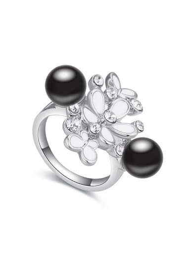 Exaggerated Two Imitation Pearls White Crystals-embellished Flowers Ring