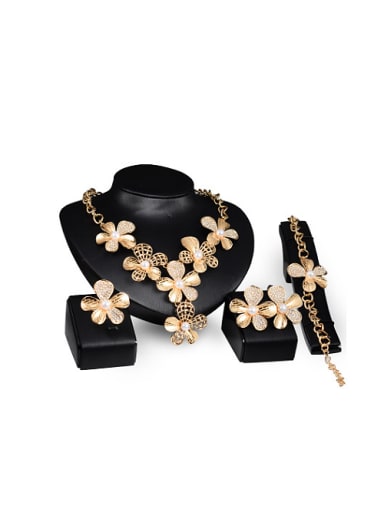 Alloy Imitation-gold Plated Fashion Artificial Pearl Flower-shaped Hollow Petals Four Pieces Jewelry Set