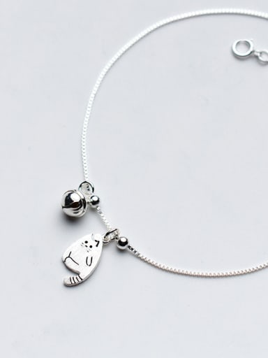 925 Sterling Silver With Platinum Plated Cute Cat bell Anklets