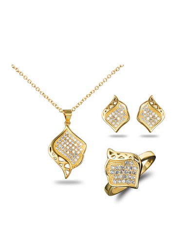 custom All-match 18K Gold Plated Leaf Shaped Zircon Three Pieces Jewelry Set