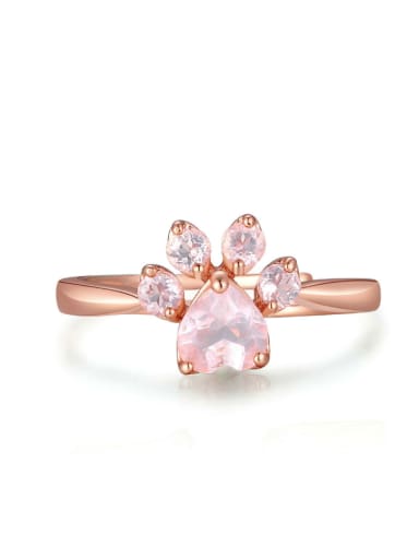 Cat Foot Shaped Pink Crystal Silver Ring