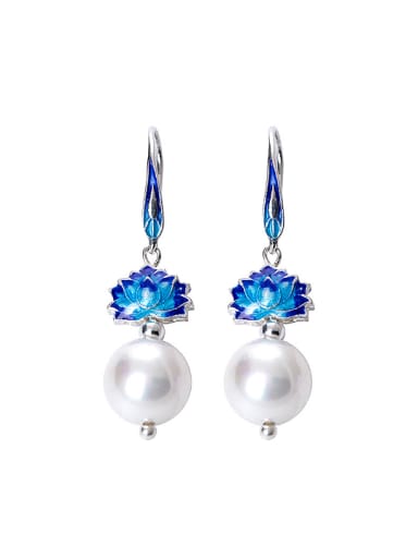 Ethnic style Shell Pearl Blue Lotus Flower 925 Silver Earrings