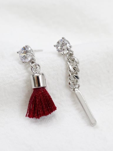 Fashion Asymmetrical Red Tassels Silver Earrings