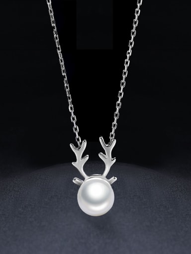 925 Sterling Silver Tiny Deer Antlers Freshwater Pearl Necklace