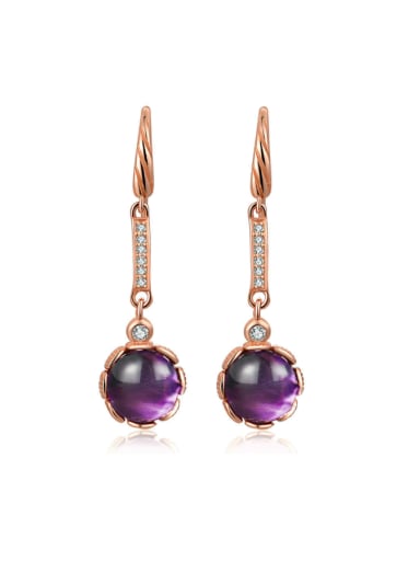 Natural Amethyst Round Rose Gold Plated Drop Earrings