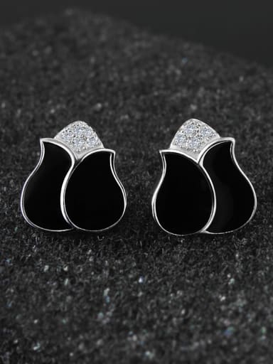 Fashion Black Rosary Flower 925 Sterling Silver Zirconias Stud Earrings