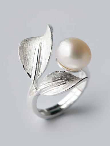 S925 silver leaves freshwater pearls exaggerate opening ring