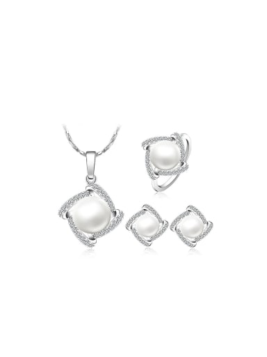Copper Alloy White Gold Plated Fashion Pearl Three Pieces Zircon Jewelry Set
