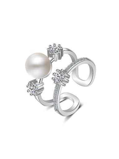 Fashion Two-band Imitation Pearl Cubic Zirconias Copper Opening Ring