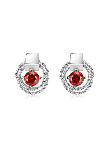 Red Double Circle Shaped Zircon Stud Earrings