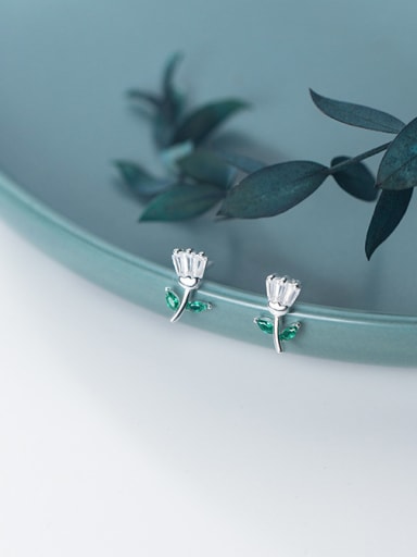 925 Sterling Silver With Silver Plated Simplistic Flower Stud Earrings