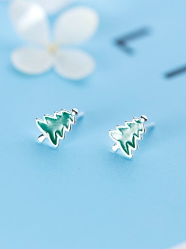 925 Sterling Silver With Platinum Plated Cute Christmas Tree Stud Earrings
