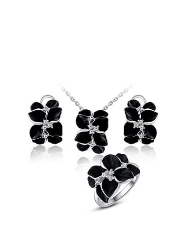 Exquisite Platinum Plated Flower Shaped Enamel Three Pieces Jewelry Set