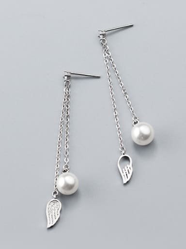 Women Elegant Feather Shaped Pearl S925 Silver Drop Earrings