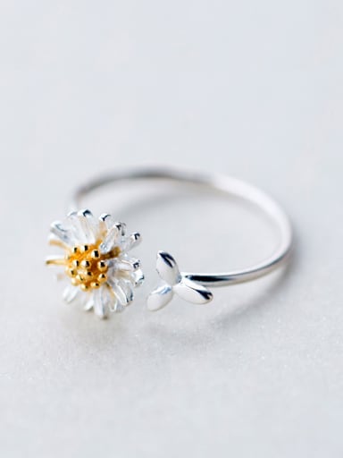 S925 silver daisy flower small leaf opening ring