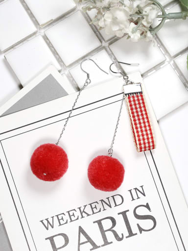 Personalized Red Fluffy Balls Asymmetrical 925 silver Drop Earrings