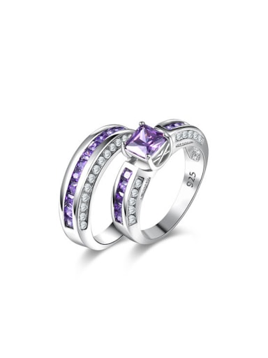 Creative 925 Silver Purple Square Shaped Zircon Ring Set