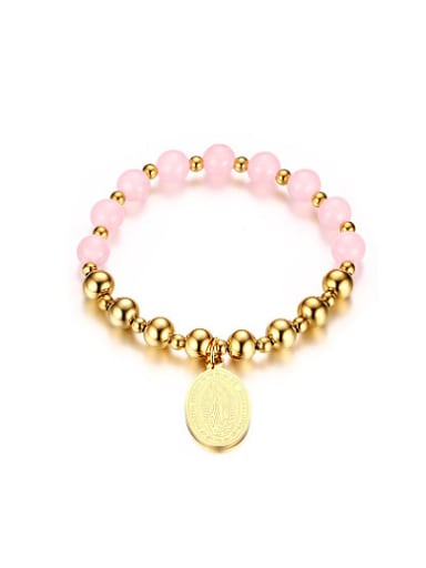 Women Pink Oval Shaped Stone Titanium Bracelet