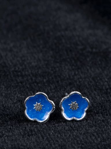 Personalized Blue Cherry Flower 925 Silver Stud Earrings