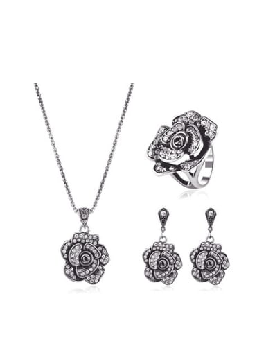 Alloy Antique Silver Plated Vintage style Artificial Stones Flower Three Pieces Jewelry Set