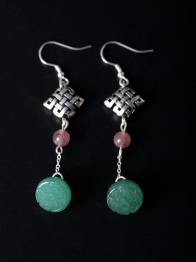 Retro style Natural Jade Little Chinese Knot 925 Silver Earrings